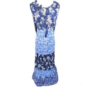 Women's Blue Patchwork Sleeveless Maxi Cottagecore Ruffle Tiered Dress
